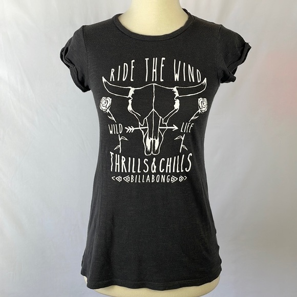 Billabong Tops - Billabong Charcoal Gray Graphic Tee "Ride the Wind Thrills and Chills" -Small Jr
